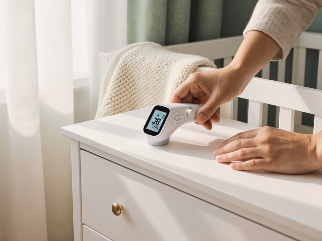 parent-calibrating-thermometer-near-crib